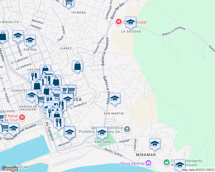 map of restaurants, bars, coffee shops, grocery stores, and more near Bahía La Ventosa in Salina Cruz