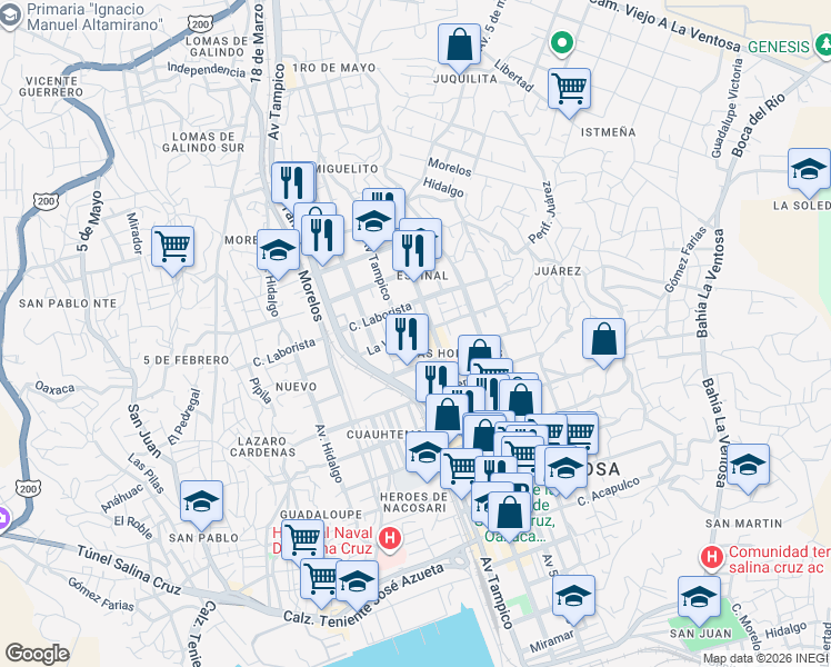 map of restaurants, bars, coffee shops, grocery stores, and more near La Ventosa in Salina Cruz