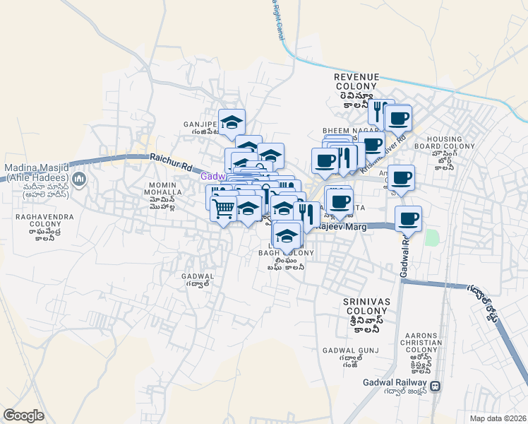 map of restaurants, bars, coffee shops, grocery stores, and more near Bal Bhavan Road in Gadwal