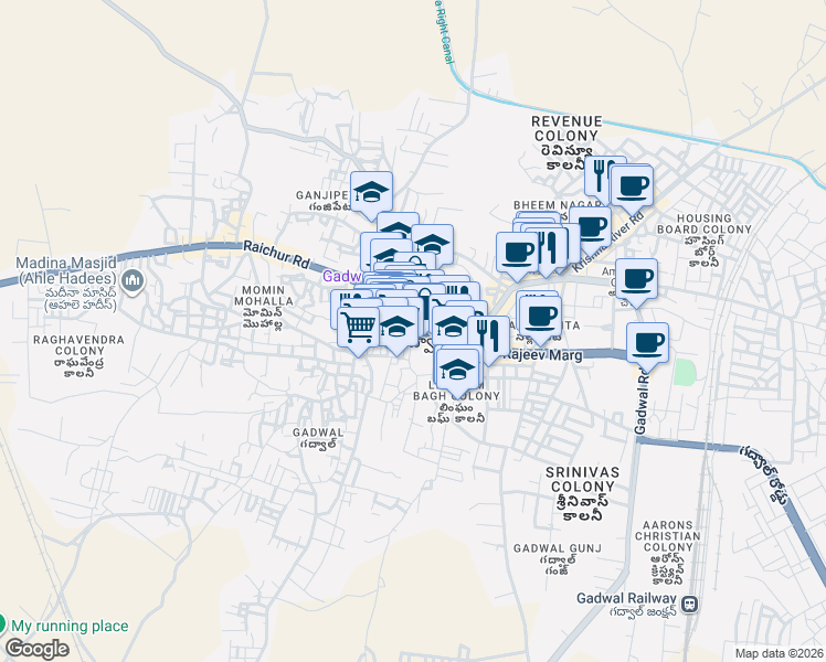 map of restaurants, bars, coffee shops, grocery stores, and more near Bal Bhavan Road in Gadwal