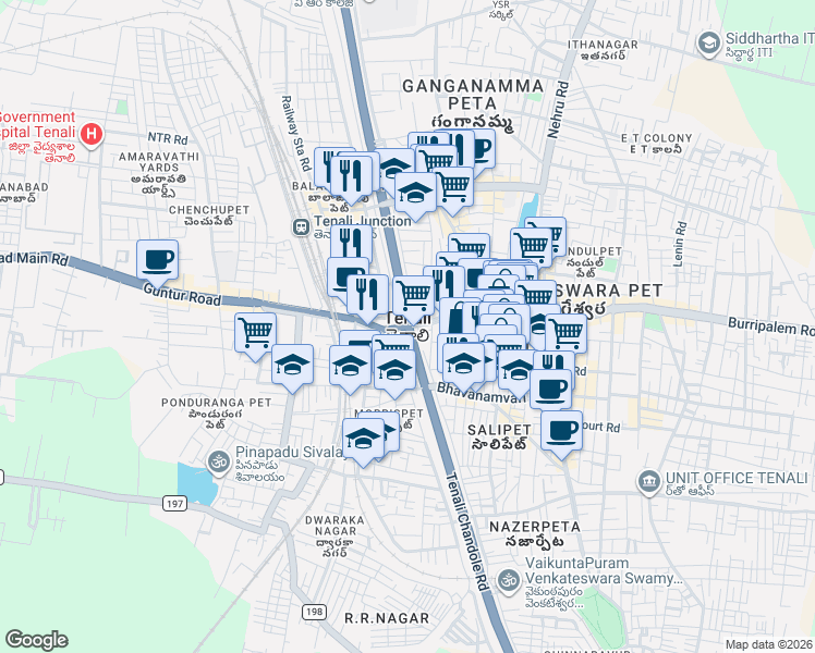 map of restaurants, bars, coffee shops, grocery stores, and more near in Tenali
