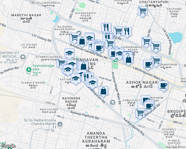 map of restaurants, bars, coffee shops, grocery stores, and more near 5th Lane,Krishna Nagar in Guntur