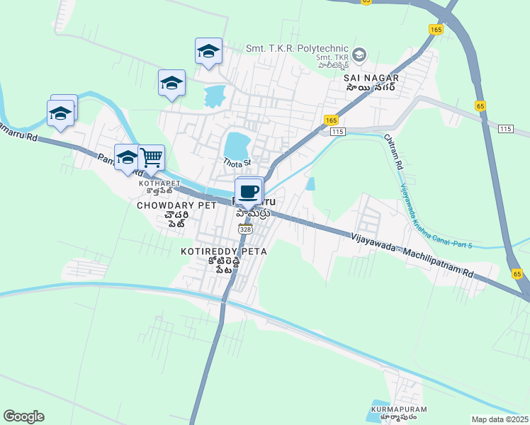 map of restaurants, bars, coffee shops, grocery stores, and more near Bandar Road in Pamarru
