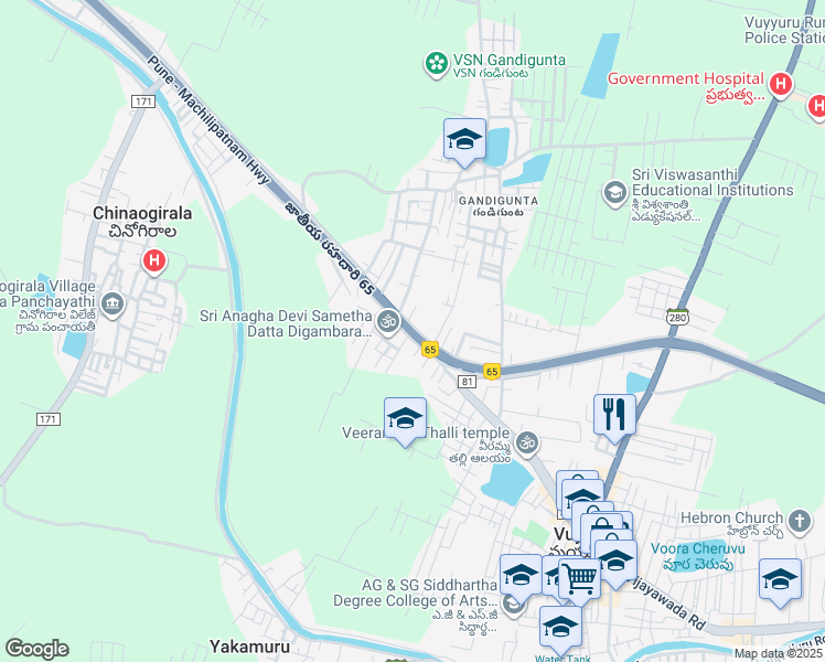 map of restaurants, bars, coffee shops, grocery stores, and more near Vijayawada Road in Vuyyuru