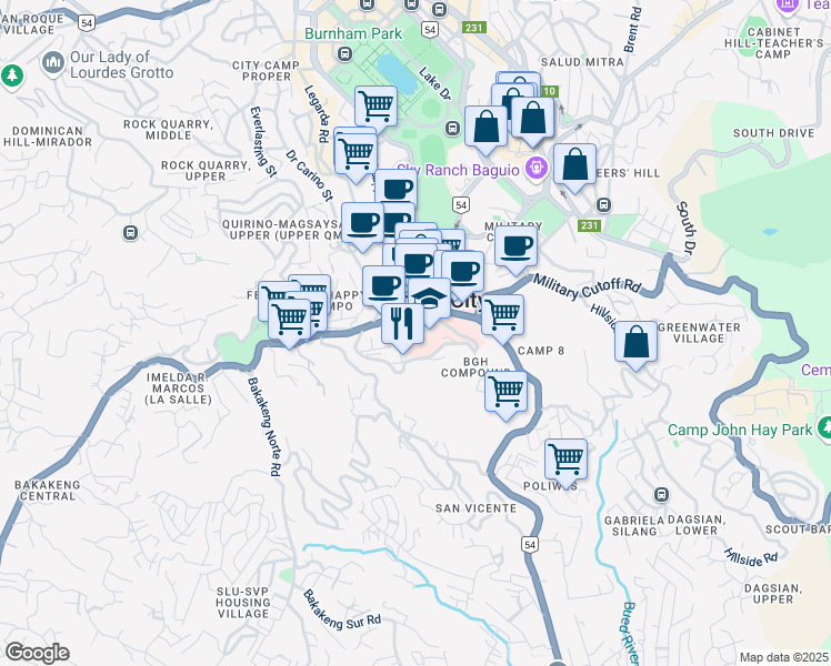 map of restaurants, bars, coffee shops, grocery stores, and more near Baguio General Hospital Driveway in Baguio City