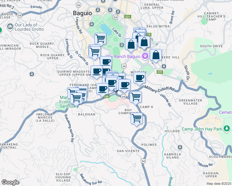 map of restaurants, bars, coffee shops, grocery stores, and more near in Baguio