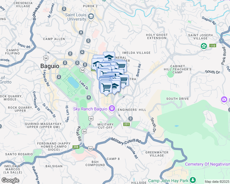 map of restaurants, bars, coffee shops, grocery stores, and more near Session Road in Baguio City