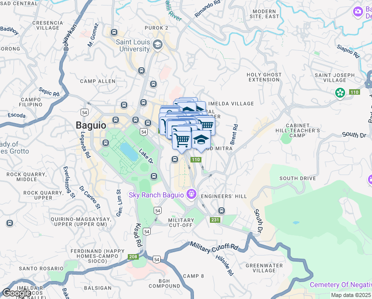 map of restaurants, bars, coffee shops, grocery stores, and more near DPS Compound Access Rd in Baguio City
