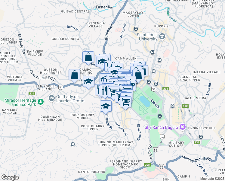 map of restaurants, bars, coffee shops, grocery stores, and more near City Camp Road in Baguio