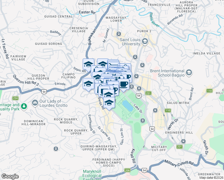 map of restaurants, bars, coffee shops, grocery stores, and more near Shanum Street in Baguio City