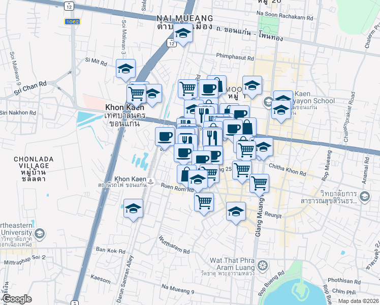 map of restaurants, bars, coffee shops, grocery stores, and more near Pracha Samran Rd in Mueang Khon Kaen