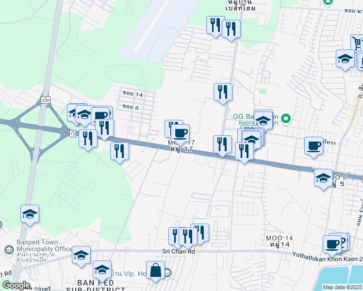 map of restaurants, bars, coffee shops, grocery stores, and more near in Amphoe Mueang Khon Kaen