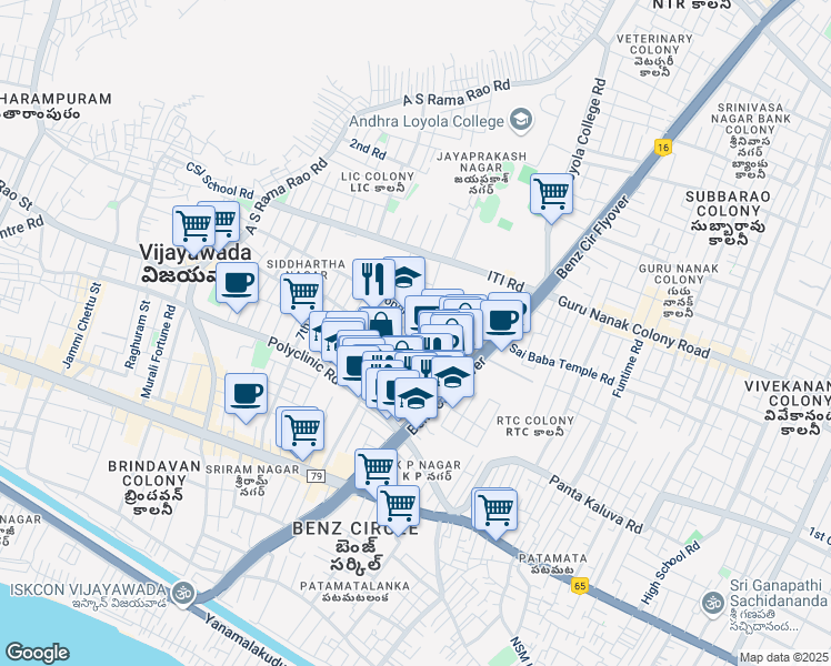 map of restaurants, bars, coffee shops, grocery stores, and more near Kanchukota Vari Street in Vijayawada