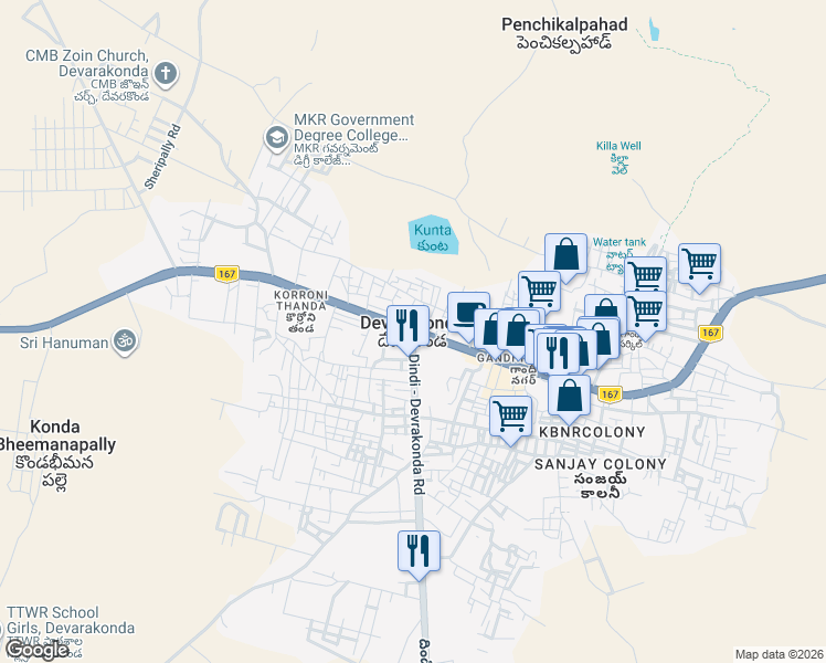 map of restaurants, bars, coffee shops, grocery stores, and more near State Highway 18 in Devarakonda