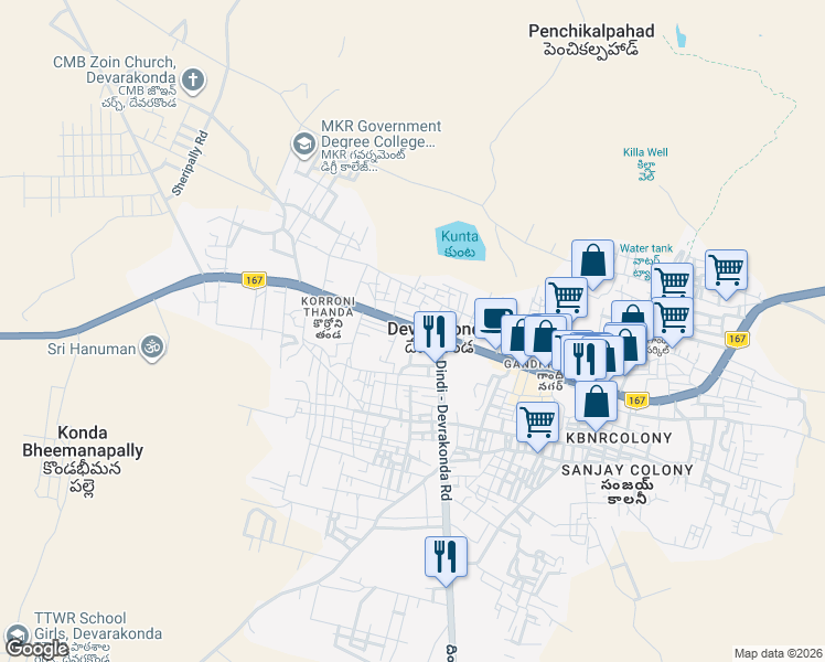 map of restaurants, bars, coffee shops, grocery stores, and more near State Highway 18 in Devarakonda
