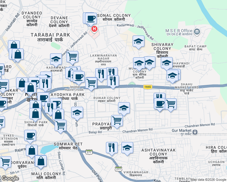 map of restaurants, bars, coffee shops, grocery stores, and more near in Kolhapur