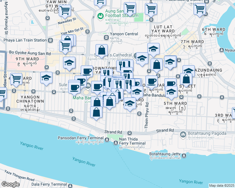 map of restaurants, bars, coffee shops, grocery stores, and more near Seikkan Thar Street in Yangon