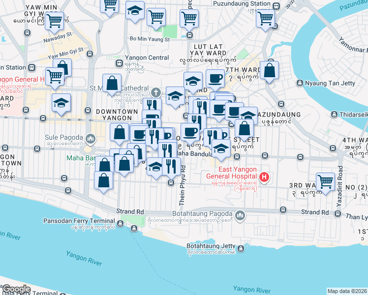 map of restaurants, bars, coffee shops, grocery stores, and more near Thein Phyu Road in Yangon