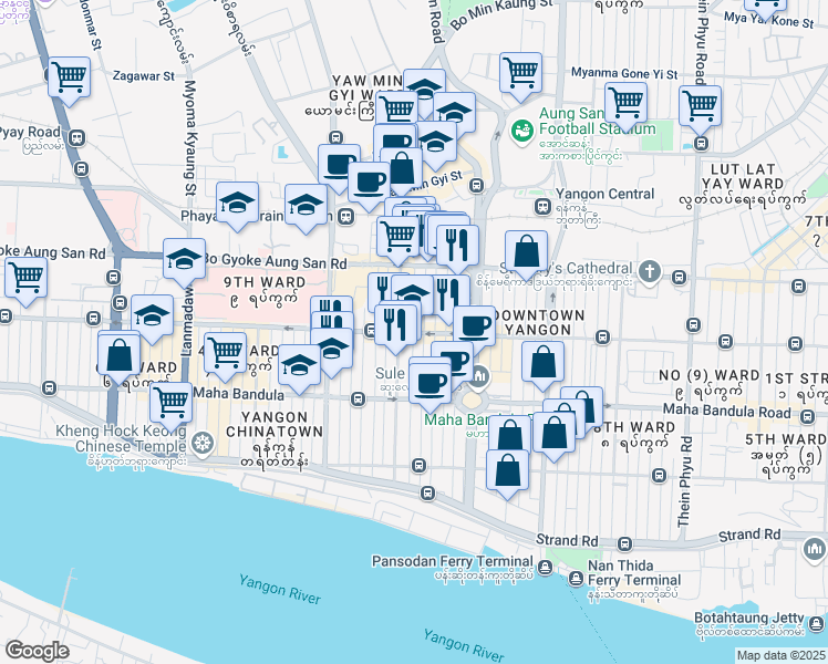 map of restaurants, bars, coffee shops, grocery stores, and more near Anawrahta Rd in Rangoon