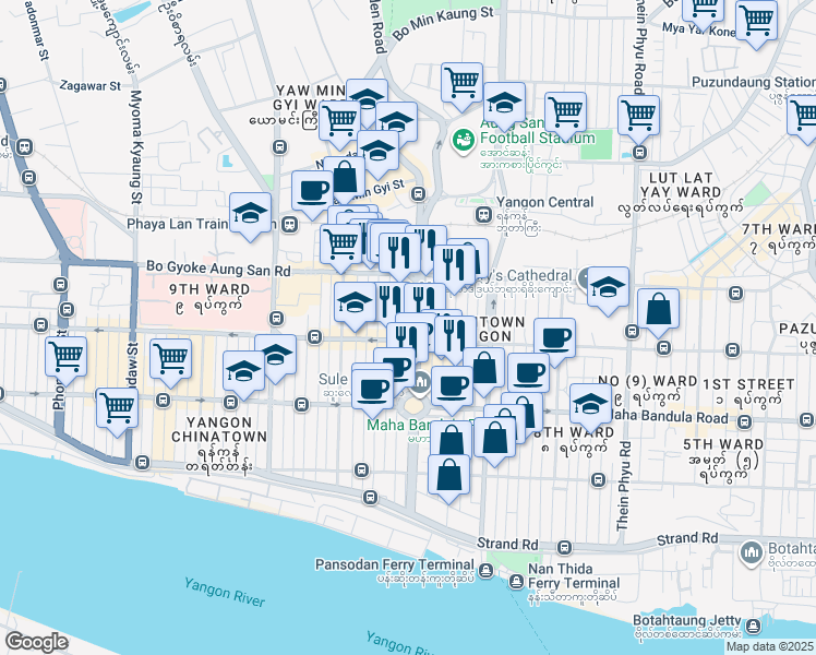 map of restaurants, bars, coffee shops, grocery stores, and more near Sule Road in Yangon