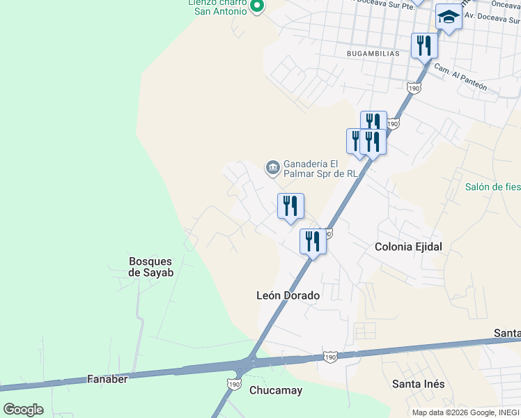 map of restaurants, bars, coffee shops, grocery stores, and more near 169 Segunda Oriente Sur in Berriozábal