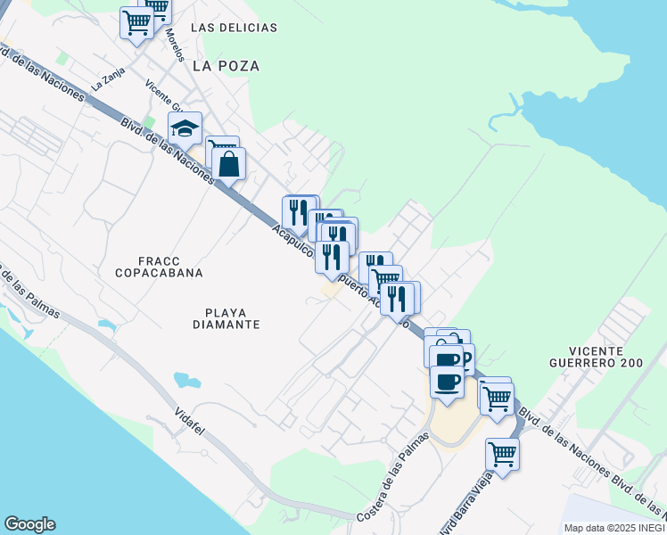 map of restaurants, bars, coffee shops, grocery stores, and more near 2700 Boulevard de las Naciones in Acapulco