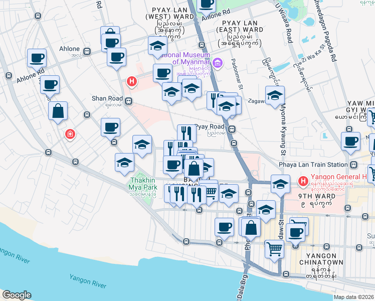 map of restaurants, bars, coffee shops, grocery stores, and more near 28 Min Ye Kyaw Zwa Road in Yangon