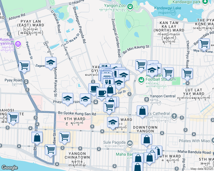 map of restaurants, bars, coffee shops, grocery stores, and more near Bo Yar Nyunt Road in Yangon