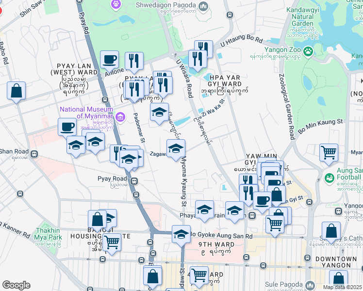 map of restaurants, bars, coffee shops, grocery stores, and more near Myoma Kyaung Street in Yangon