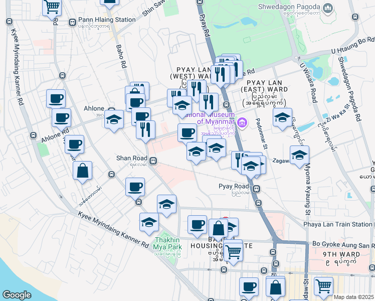 map of restaurants, bars, coffee shops, grocery stores, and more near Kha Yay Pin Street in Yangon