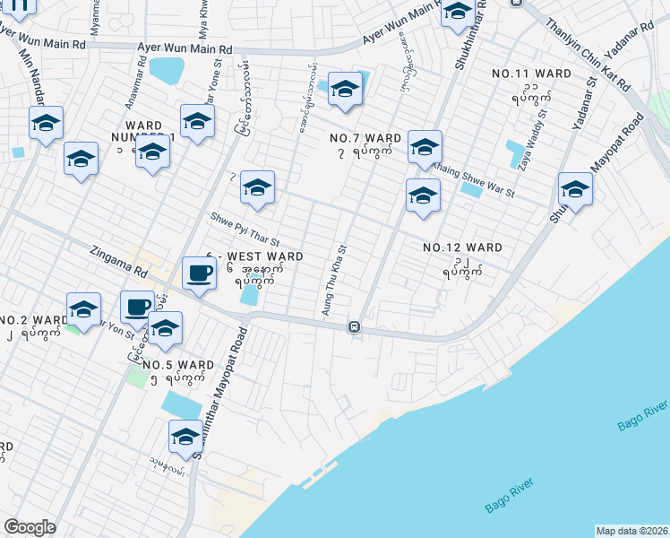 map of restaurants, bars, coffee shops, grocery stores, and more near အောင်သုခလမ်း in Yangon