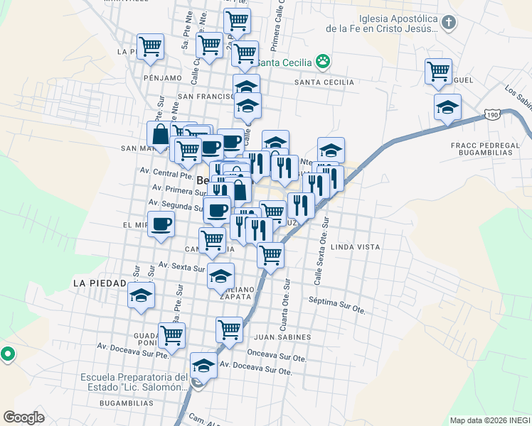 map of restaurants, bars, coffee shops, grocery stores, and more near 169 Segunda Oriente Sur in Berriozábal