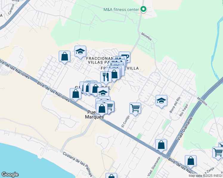 map of restaurants, bars, coffee shops, grocery stores, and more near 29 Simon Bolívar in Acapulco