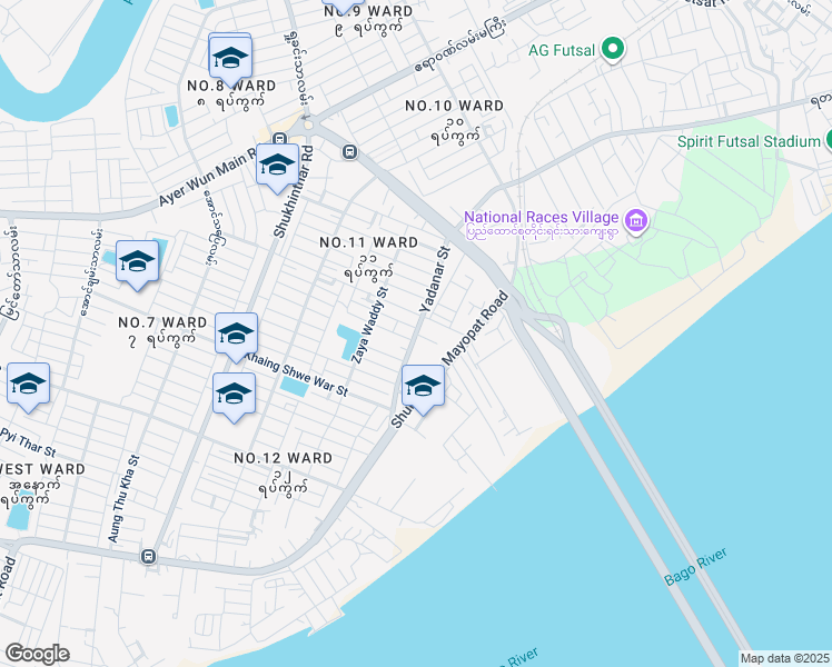 map of restaurants, bars, coffee shops, grocery stores, and more near Yadanar Street in Yangon