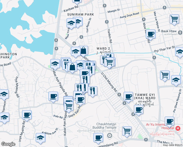 map of restaurants, bars, coffee shops, grocery stores, and more near Saya San Road in Yangon