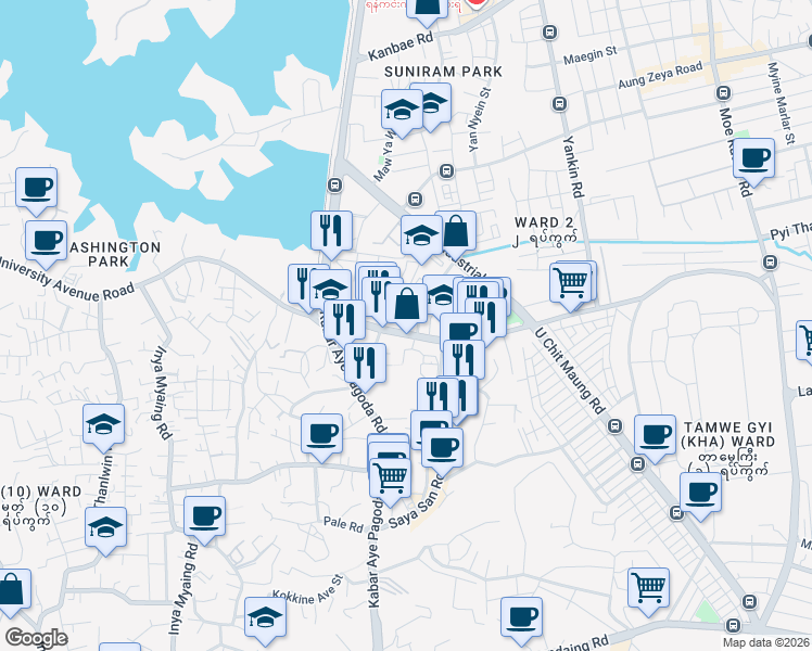 map of restaurants, bars, coffee shops, grocery stores, and more near New University Avenue Road in Yangon