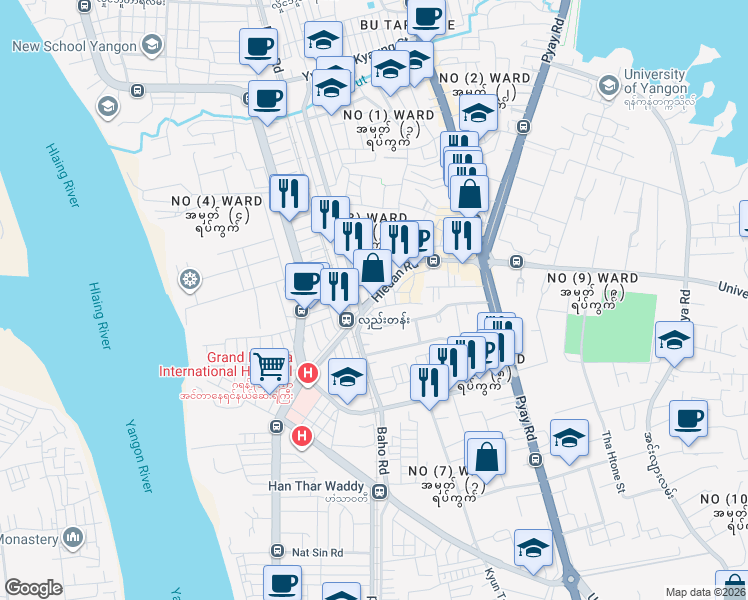map of restaurants, bars, coffee shops, grocery stores, and more near Hledan Road in Yangon