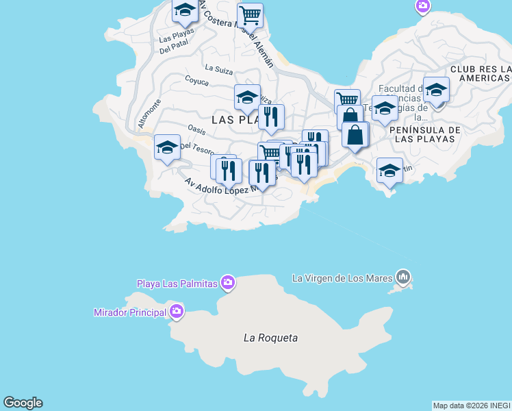 map of restaurants, bars, coffee shops, grocery stores, and more near Caletilla in Acapulco de Juárez