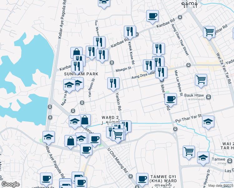 map of restaurants, bars, coffee shops, grocery stores, and more near Yankin Road in Yangon