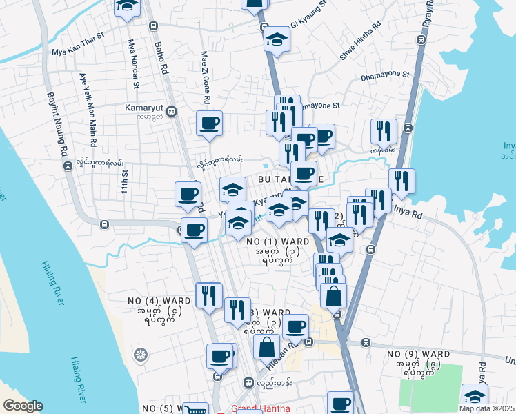 map of restaurants, bars, coffee shops, grocery stores, and more near 7 Ywar Ma Kyaung Street in Yangon