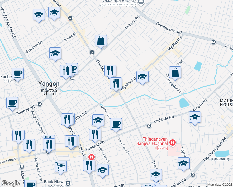 map of restaurants, bars, coffee shops, grocery stores, and more near Thu Mingalar Road in Yangon