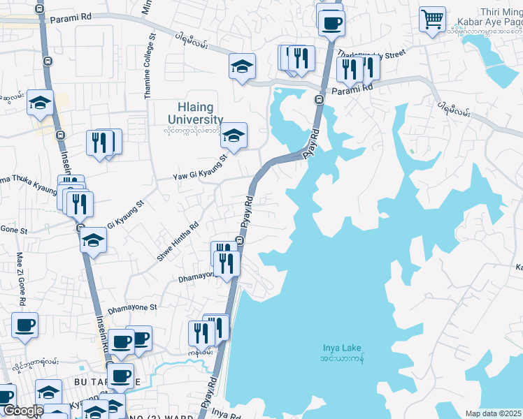 map of restaurants, bars, coffee shops, grocery stores, and more near 7 Pyay Road in Yangon