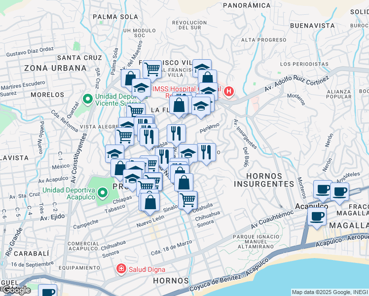map of restaurants, bars, coffee shops, grocery stores, and more near in Acapulco de Juárez