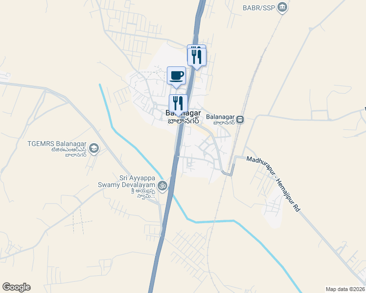 map of restaurants, bars, coffee shops, grocery stores, and more near Srinagar - Kanyakumari Highway in Balanagar