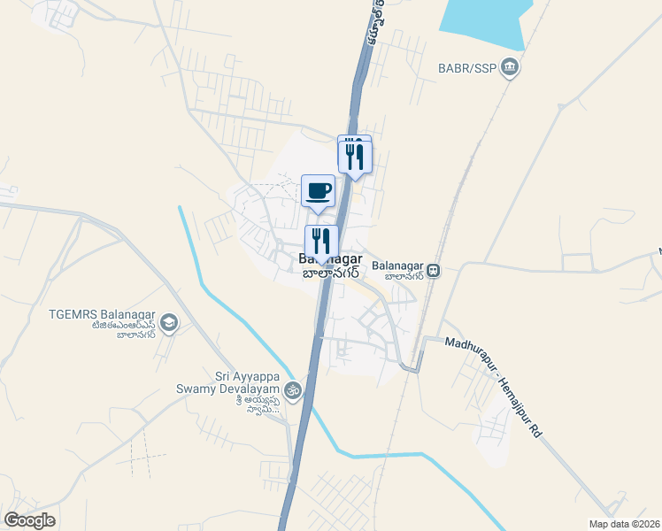 map of restaurants, bars, coffee shops, grocery stores, and more near Srinagar - Kanyakumari Highway in Balanagar