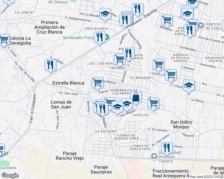 map of restaurants, bars, coffee shops, grocery stores, and more near Juárez in Santa Cruz Xoxocotlán