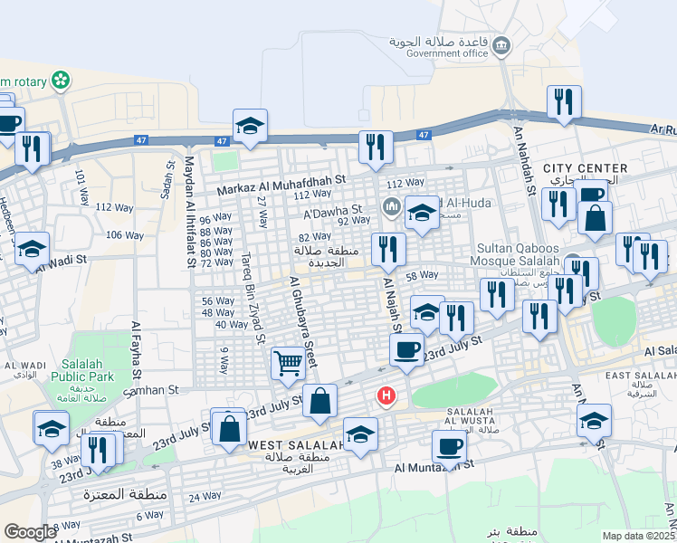 map of restaurants, bars, coffee shops, grocery stores, and more near Salalah Al Jadidah Street in Salalah