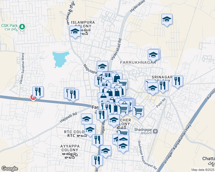 map of restaurants, bars, coffee shops, grocery stores, and more near in Shadnagar