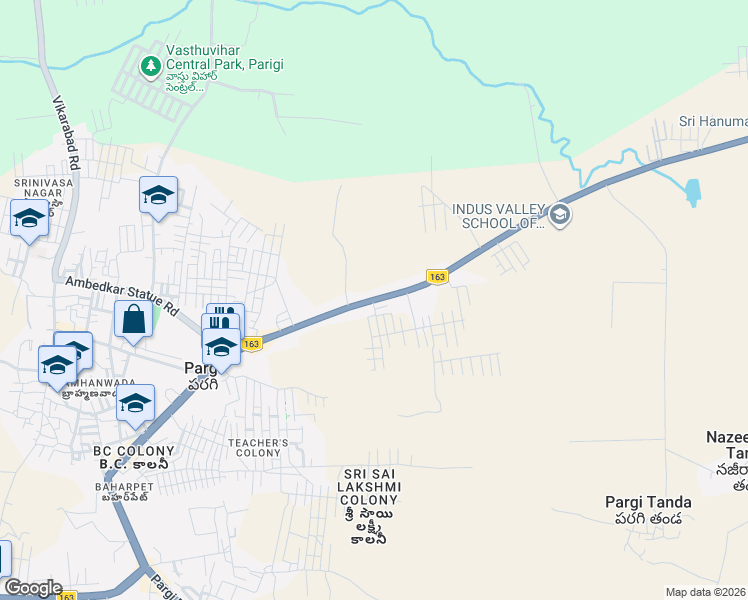 map of restaurants, bars, coffee shops, grocery stores, and more near Hyderabad Road in Pargi