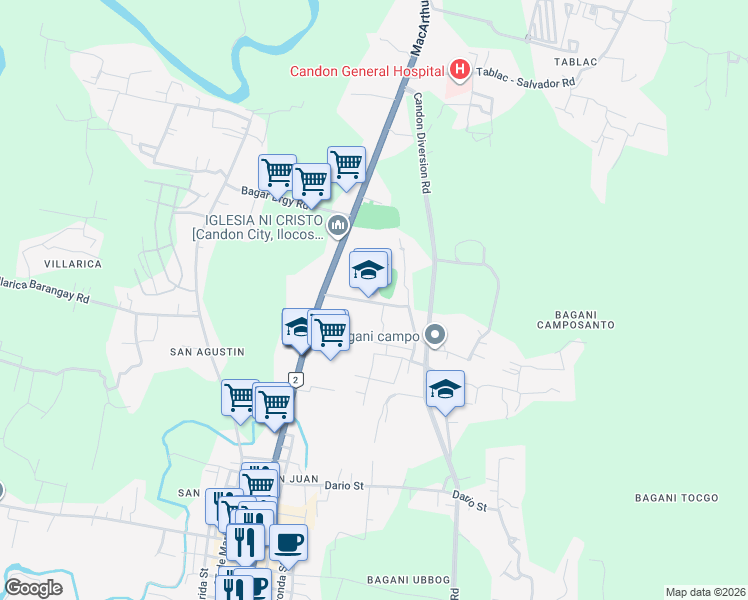 map of restaurants, bars, coffee shops, grocery stores, and more near Bagani Campo Brgy Road in Candon City